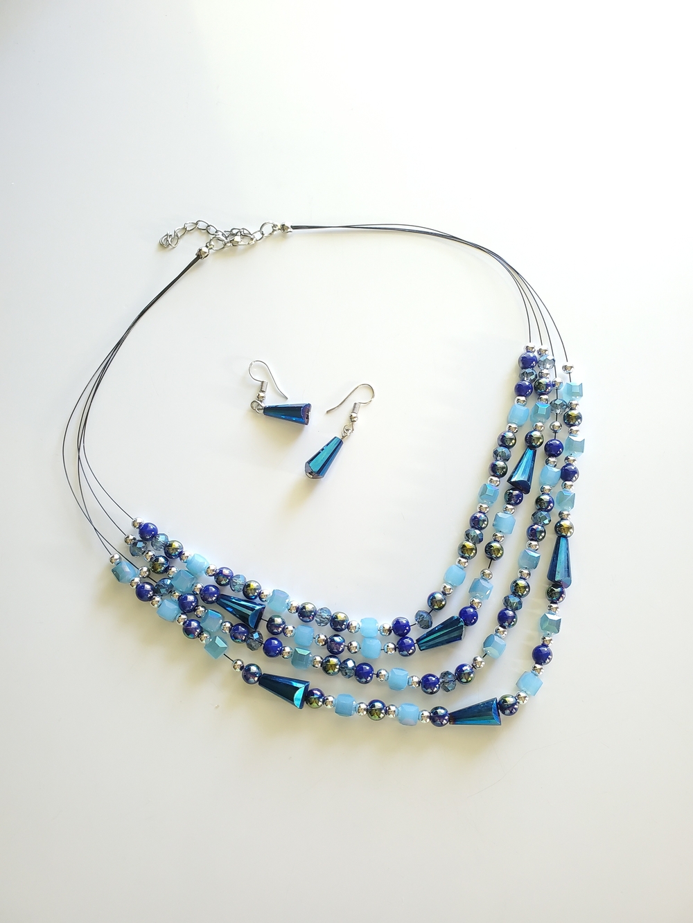 Multi-Strand Blue Beaded Necklace & Earring Set